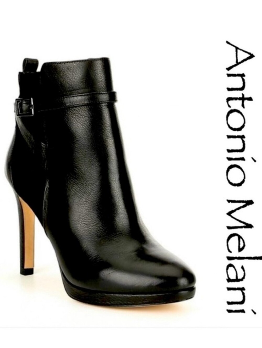 ANTONIO MELANI Black Leather Ankle Booties, Heels, Womens, Size 8M